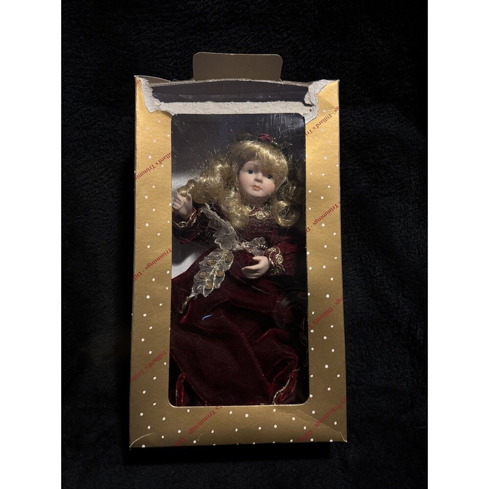 Vintage 90s Dillards Trimmings Christmas Porcelain Doll Ornament Velvet Dress